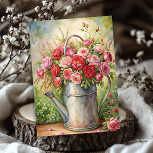 Vintage shabby red roses bouquet in metal can tissue paper