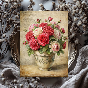 Vintage shabby red roses bouquet in retro vase tissue paper