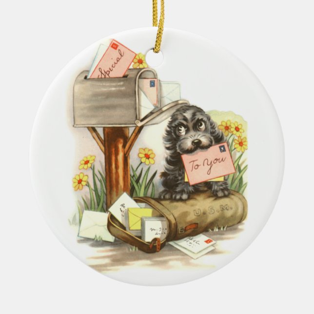 Vintage Shaggy puppy with mail Ceramic Ornament (Front)