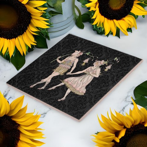 Vintage Shakespeares Garden Women on Black Damask Ceramic Tile