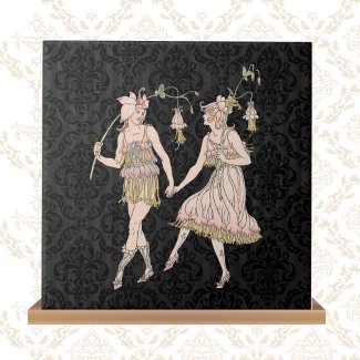 Vintage Shakespeare's Garden Women on Black Damask