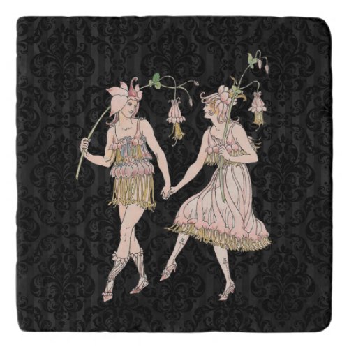 Vintage Shakespeares Garden Women on Black Damask Trivet