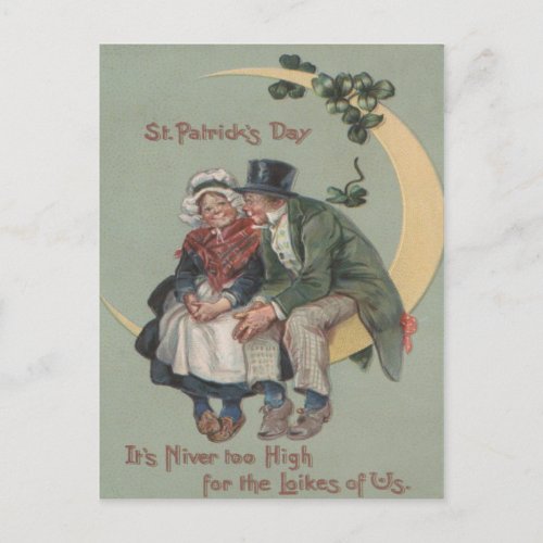 Vintage Shamrock Couple On Moon St Patricks Day Postcard