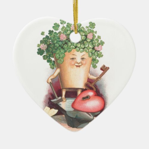 Vintage Shamrock Heart and Key St Patricks Day Ceramic Ornament