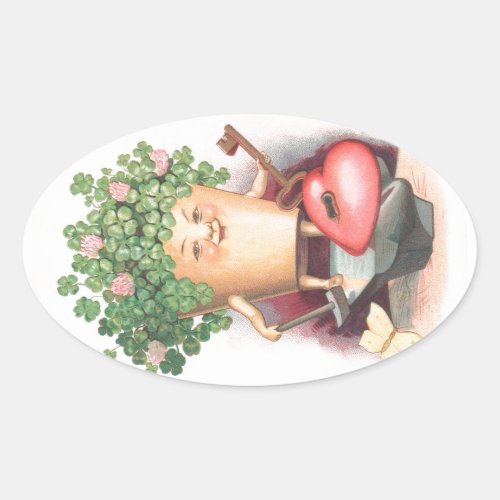 Vintage Shamrock Heart and Key St Patricks Day Oval Sticker