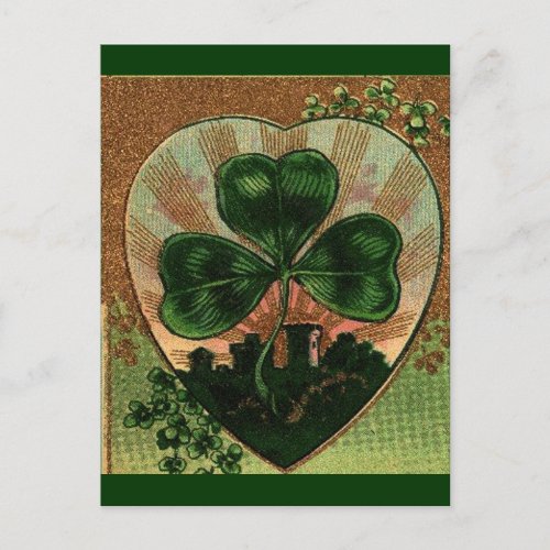 Vintage Shamrock Irish Heart Castle Motif Postcard