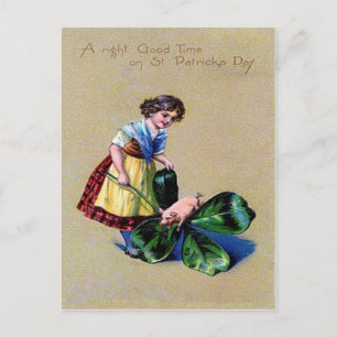 Vintage Shamrock Pig Girl St Patrick's Day Card