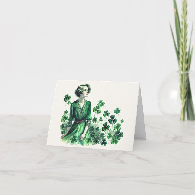 Vintage Shamrock St. Patrick's Day Woman Holiday Card (Front)