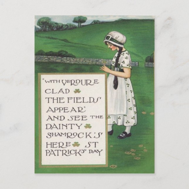 Vintage Shamrocks Girl Field St Patrick's Day Card (Front)