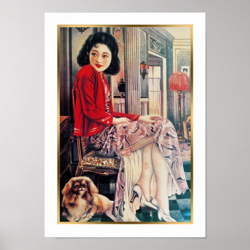 Vintage Shanghai China Ad Woman and Pekingese Dog Poster