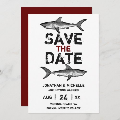 Vintage Shark Black White and Red Beach Wedding Save The Date