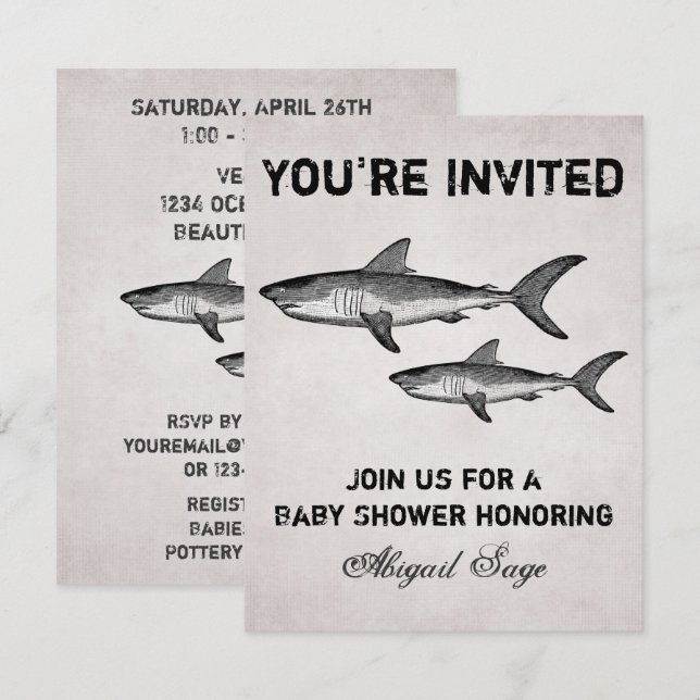 Vintage Shark Ocean Baby Shower Beach Invitation (Front/Back)