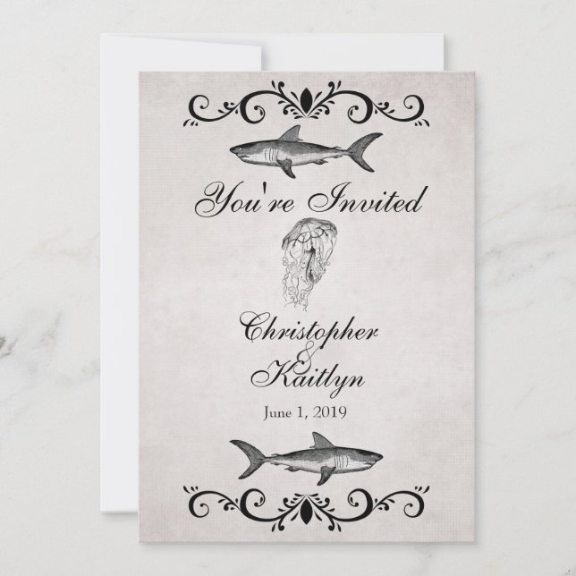 Vintage Sharks and Jellyfish Beach Wedding Invite (Front)