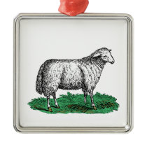Vintage Sheep Ewe Farm Animals Drawing C Metal Ornament