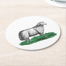 Vintage Sheep Ewe Farm Animals Drawing C Round Paper Coaster
