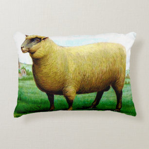 Vintage sheep in grass pasture painting accent pillow