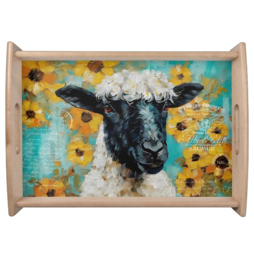 Vintage Sheep Rustic Floral Decoupage  Serving Tray