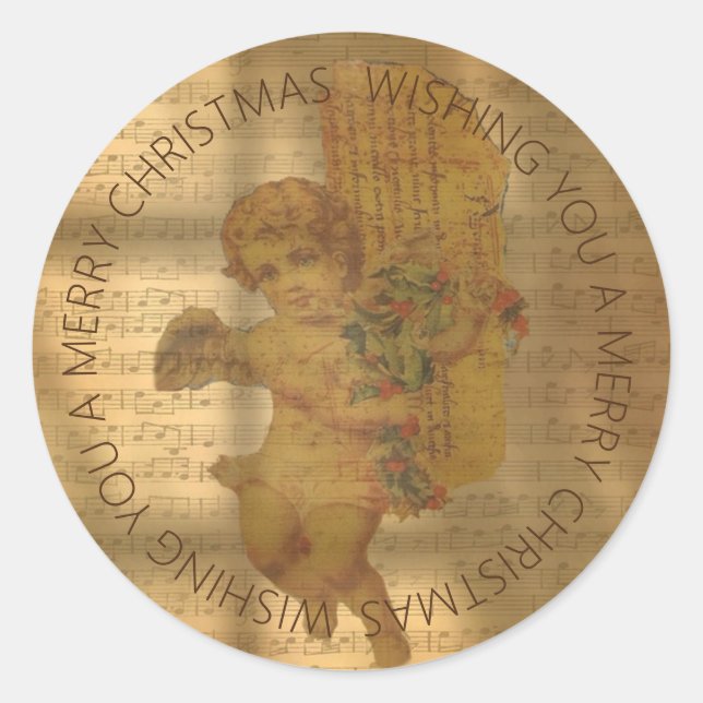 Vintage Sheet Music and Faded Angel Christmas Classic Round Sticker (Front)