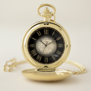 Vintage Sheet Music Black Gold Roman Numerals Pocket Watch