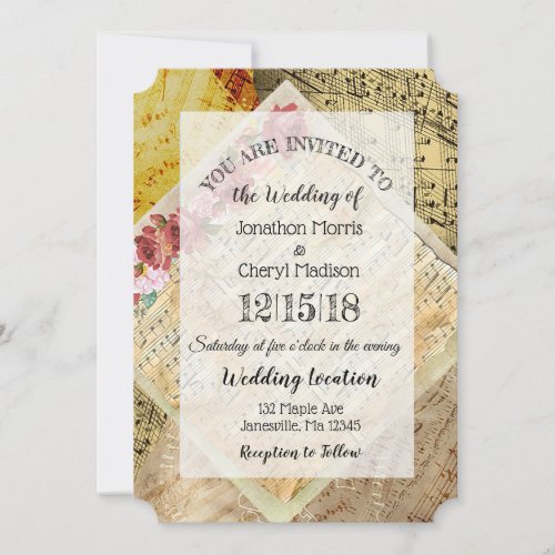 Vintage Sheet  Music Floral Wedding  Invitation