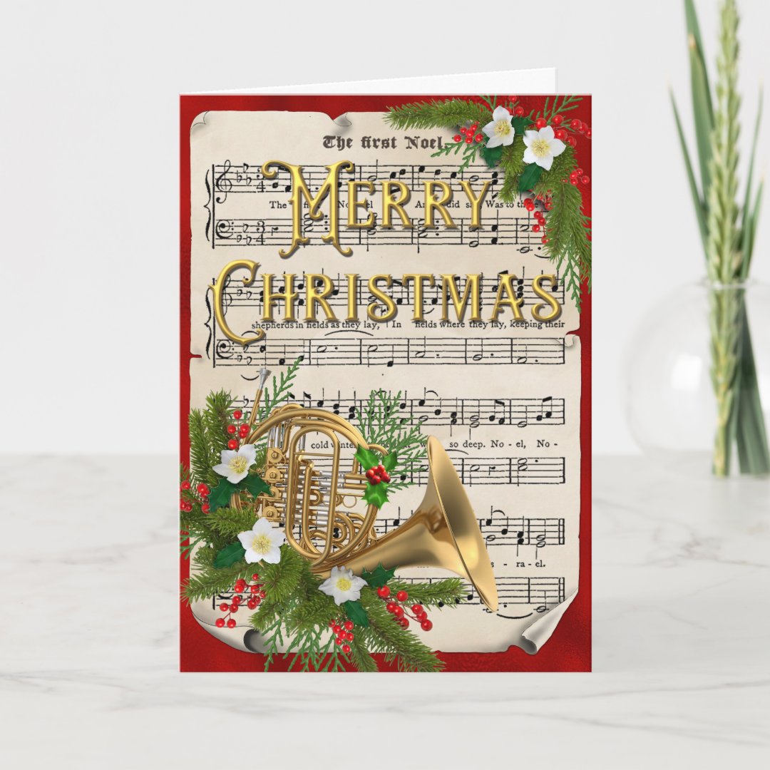 Vintage Sheet Music French Horn Christmas Holiday Card Zazzle