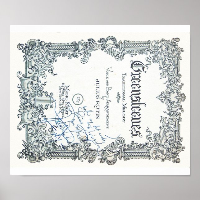 Vintage Sheet Music - Greensleeves Autographed Poster (Front)