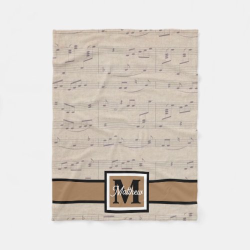 Vintage Sheet Music note Musician Monogram    Fleece Blanket
