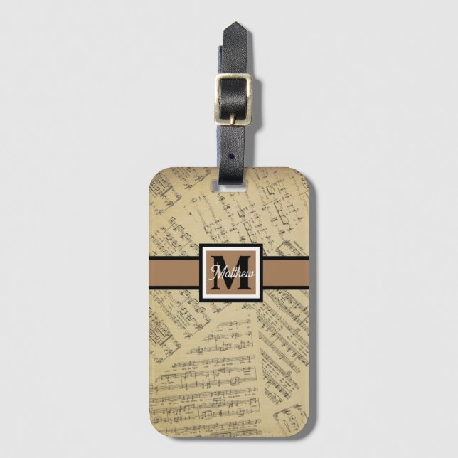 Vintage Sheet Music note Musician Monogram   Luggage Tag (Front Vertical)