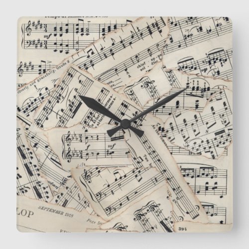Vintage Sheet Music Paper Collage Square Wall Clock