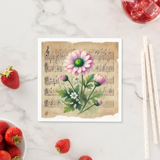 Vintage Sheet Music Pink & Green Daisies Decoupage Napkins (Insitu)