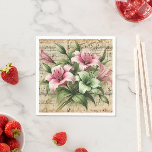 Vintage Sheet Music Pink &amp; Green Lilies Decoupage Napkins