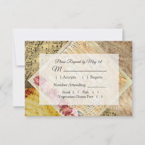 Vintage Sheet Music Pink Rose Wedding RSVP card