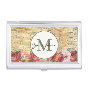 Vintage Sheet Music Pink Roses Monogram Customized Business Card Case