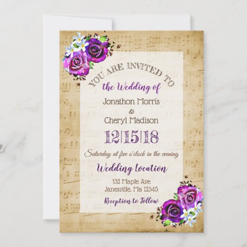 Vintage Sheet Music Purple Rose Wedding   Invitation