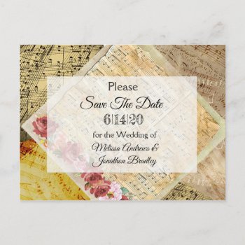 Vintage Sheet Music & Rose Save The Date Postcard by TimefortheHolidays at Zazzle