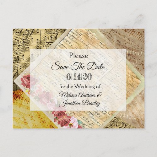 Vintage Sheet Music  Rose Save the Date Postcard