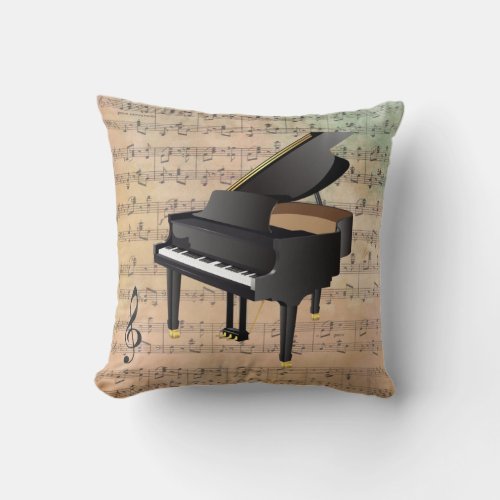 Vintage Sheet Music Watercolor Piano Throw Pillow