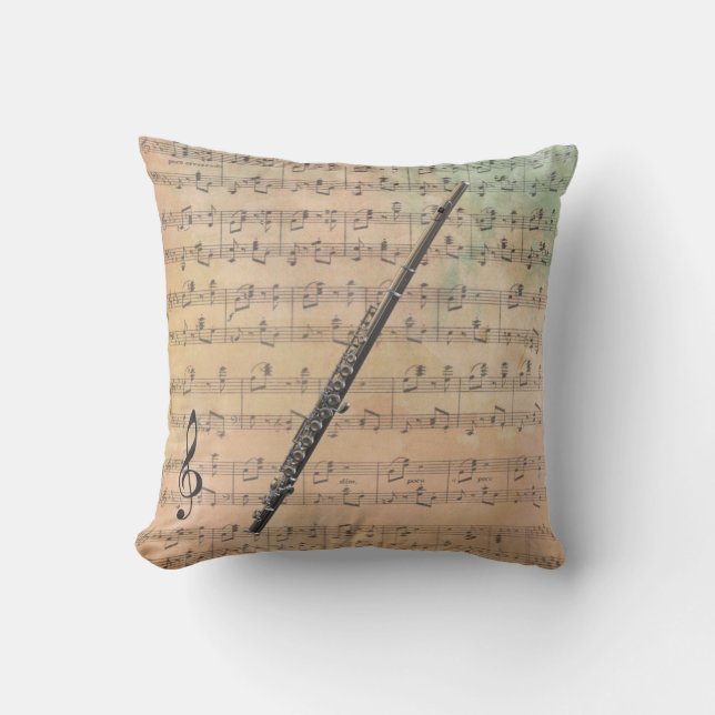 Vintage Sheet Music With a Flute Throw Pillow (Front)
