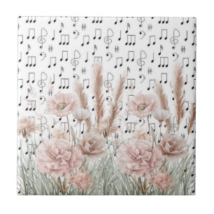 Vintage Sheet Music With Pink Peony Wildflowers Ceramic Tile