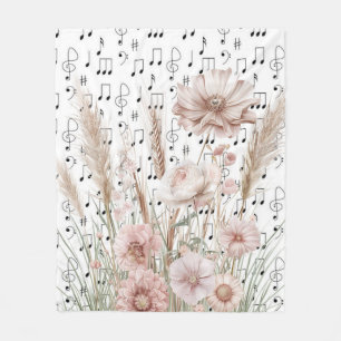 Vintage Sheet Music With Pink Peony Wildflowers Fleece Blanket