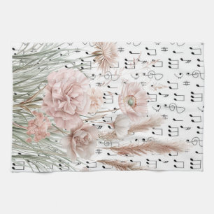 Vintage Sheet Music with Pink Wildflowers Kitchen Towel