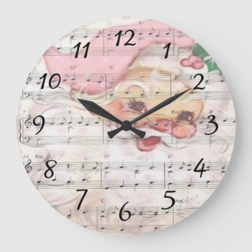 Vintage Sheet Music With Santa Claus Large Clock