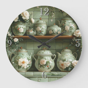 Vintage Shelf Retro Green Teapot Roses Canisters Large Clock