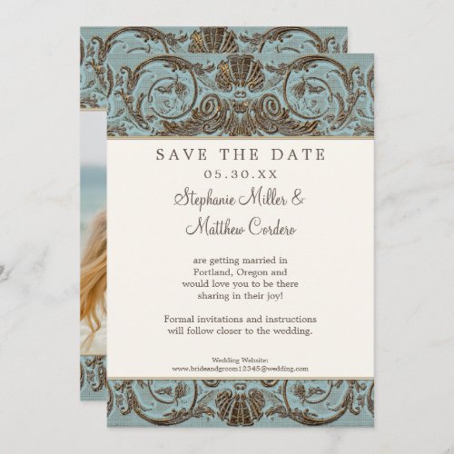 Vintage Shell Scroll Baroque Blue Save the Date Invitation