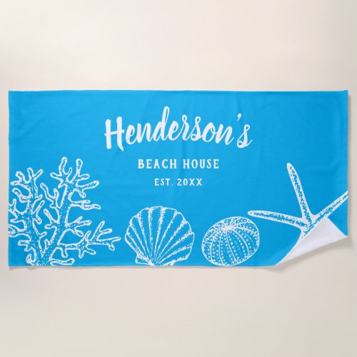 Vintage Shell Starfish Beach House Name Blue White Beach Towel