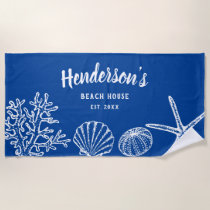 Vintage Shell Starfish Beach House Name Blue White Beach Towel
