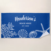 Vintage Shell Starfish Beach House Name Blue White Towel