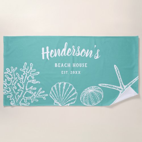 Vintage Shell Starfish Beach House Name Sea Green Beach Towel