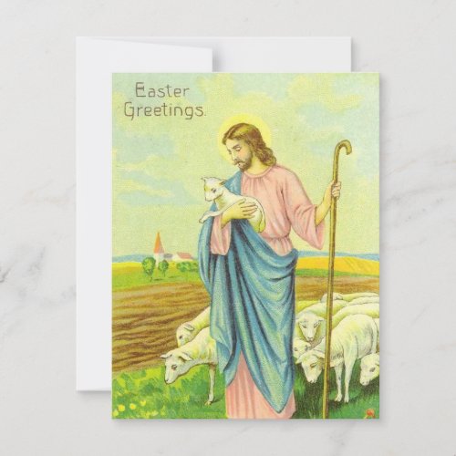 Vintage Shepherd Jesus With His Sheep On Easter Holiday Card