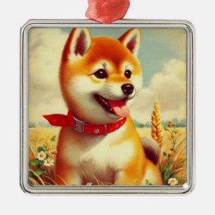 Vintage Shiba Inu Painting Metal Ornament